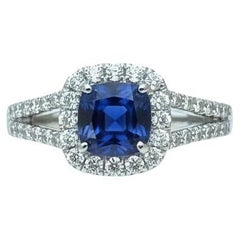 0.87 Carat Blue Sapphire Split Shank Diamond Halo Ring