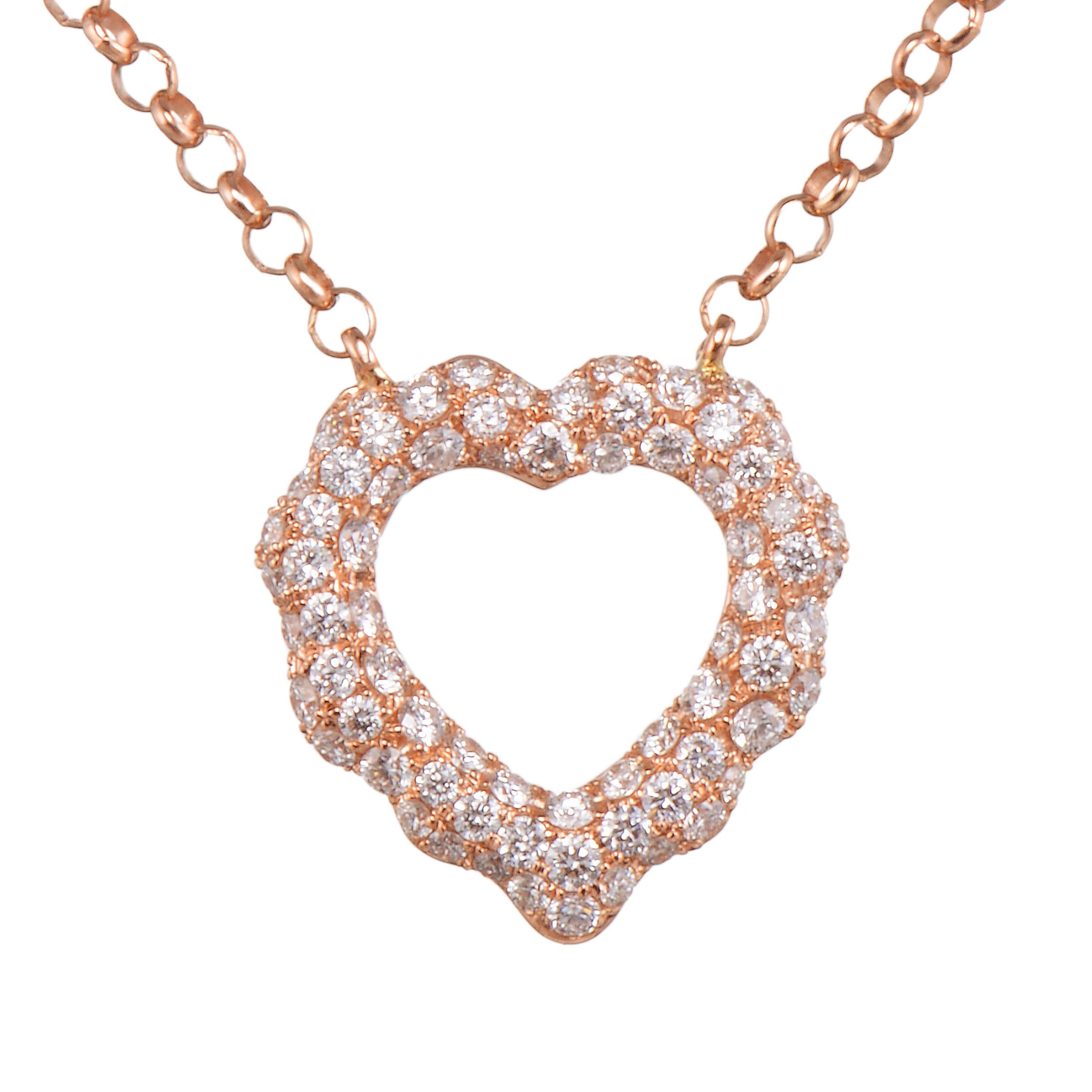 Cast in the shape of the heart, Butani's pendant necklace is handcrafted from 18-karat rose gold and is encrusted with 0.87 carats of sparkling pavé diamonds.  Wear it solo or layered with other pieces.  Chain length 16 inches.

Composition:
18K