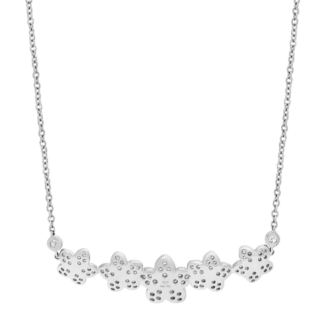 Introducing the exquisite and modern 0.87 Carat Diamond Bar Pendant Necklace in 18K White Gold. This necklace showcases a unique and captivating design, where flowers blossom with individual beauty, delicately arranged in a row. The handcrafted bar