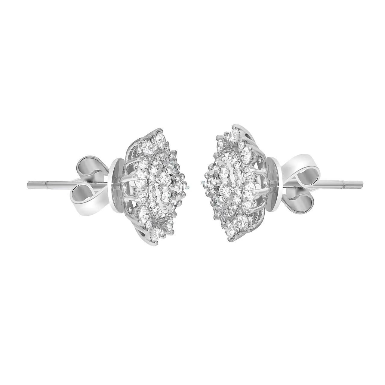 Modern 0.87 Carat  Diamond Flower Stud Earrings 18K White Gold   For Sale