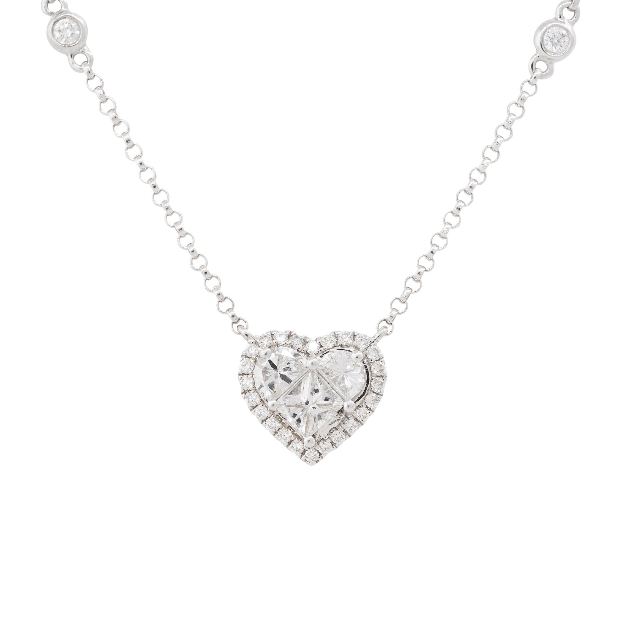 18k White Gold 0.87ctw Diamond Heart and Diamond Station Necklace

Product: Diamond Heart Station Necklace
Material: 18k White Gold
Diamond Details: There are approximately 0.87 carats of Princess cut, modified Princess cut, and Round Brilliant cut