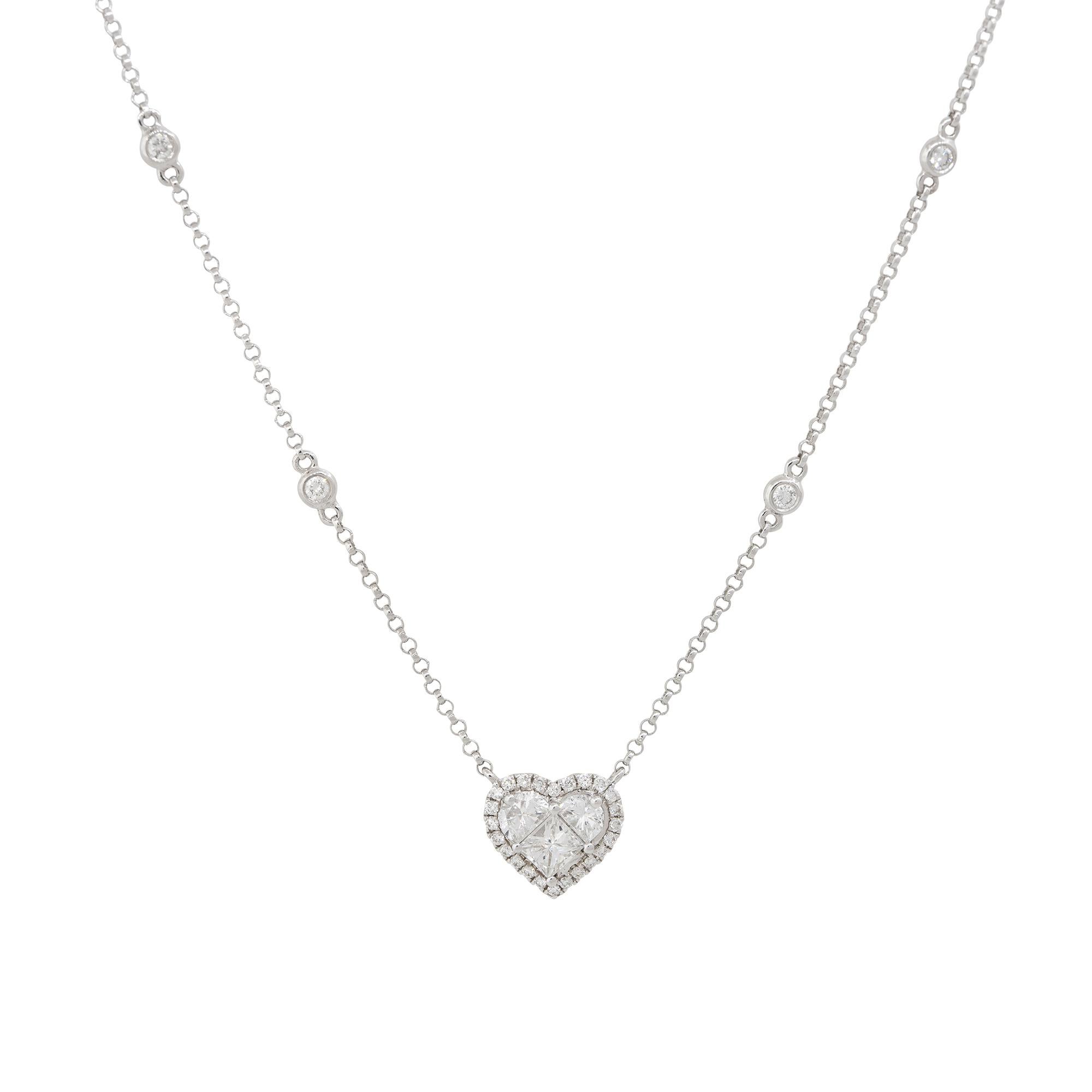 Modern 0.87 Carat Diamond Heart and Diamond Station Necklace 18 Karat In Stock For Sale