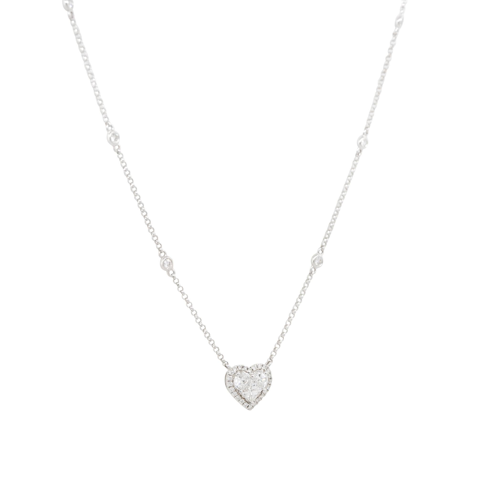 0.87 Carat Diamond Heart and Diamond Station Necklace 18 Karat In Stock In Excellent Condition For Sale In Boca Raton, FL
