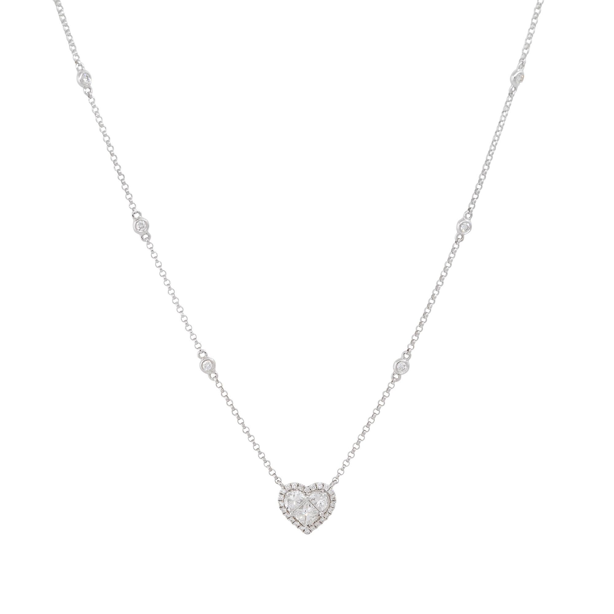 Women's 0.87 Carat Diamond Heart and Diamond Station Necklace 18 Karat In Stock For Sale