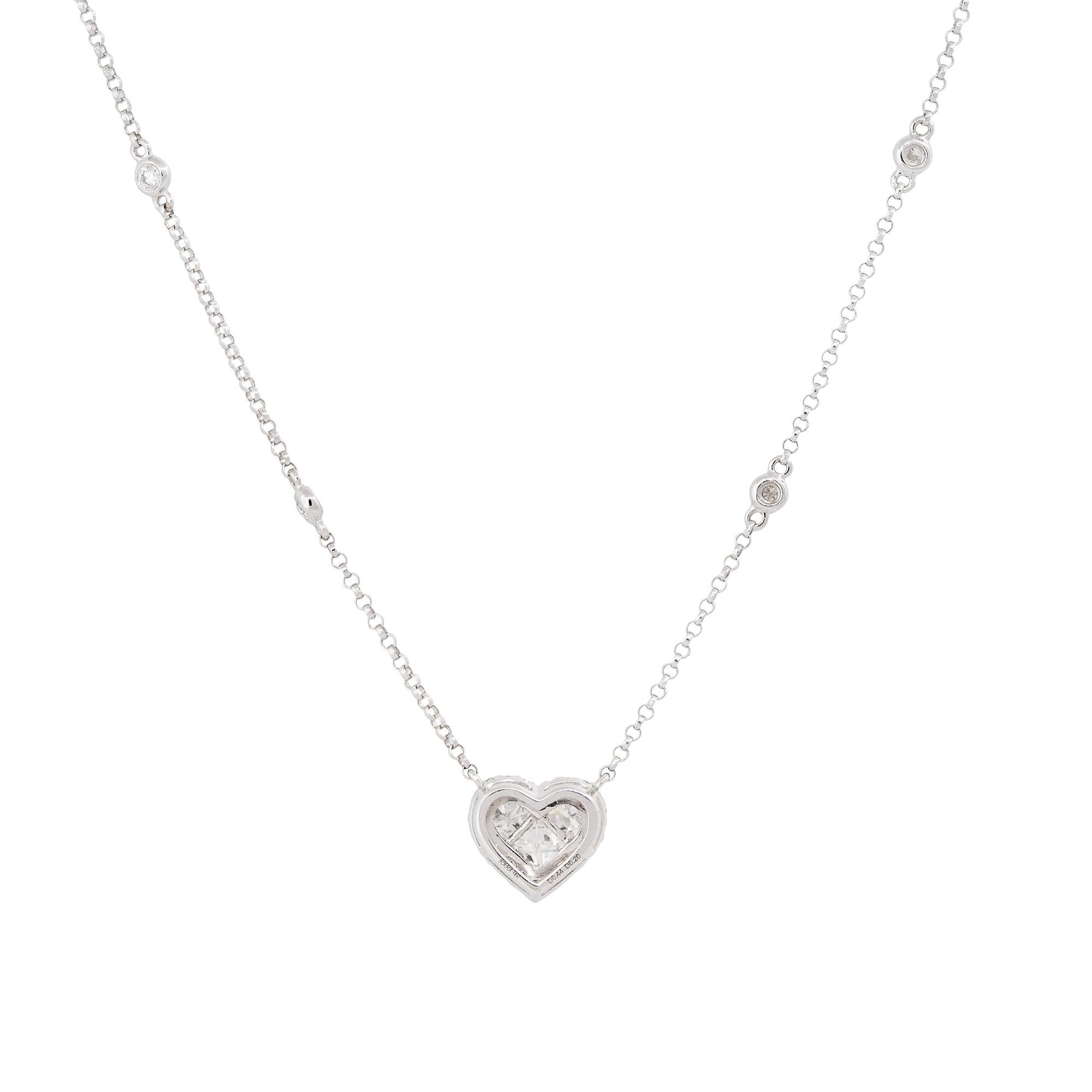 0.87 Carat Diamond Heart and Diamond Station Necklace 18 Karat In Stock For Sale 1