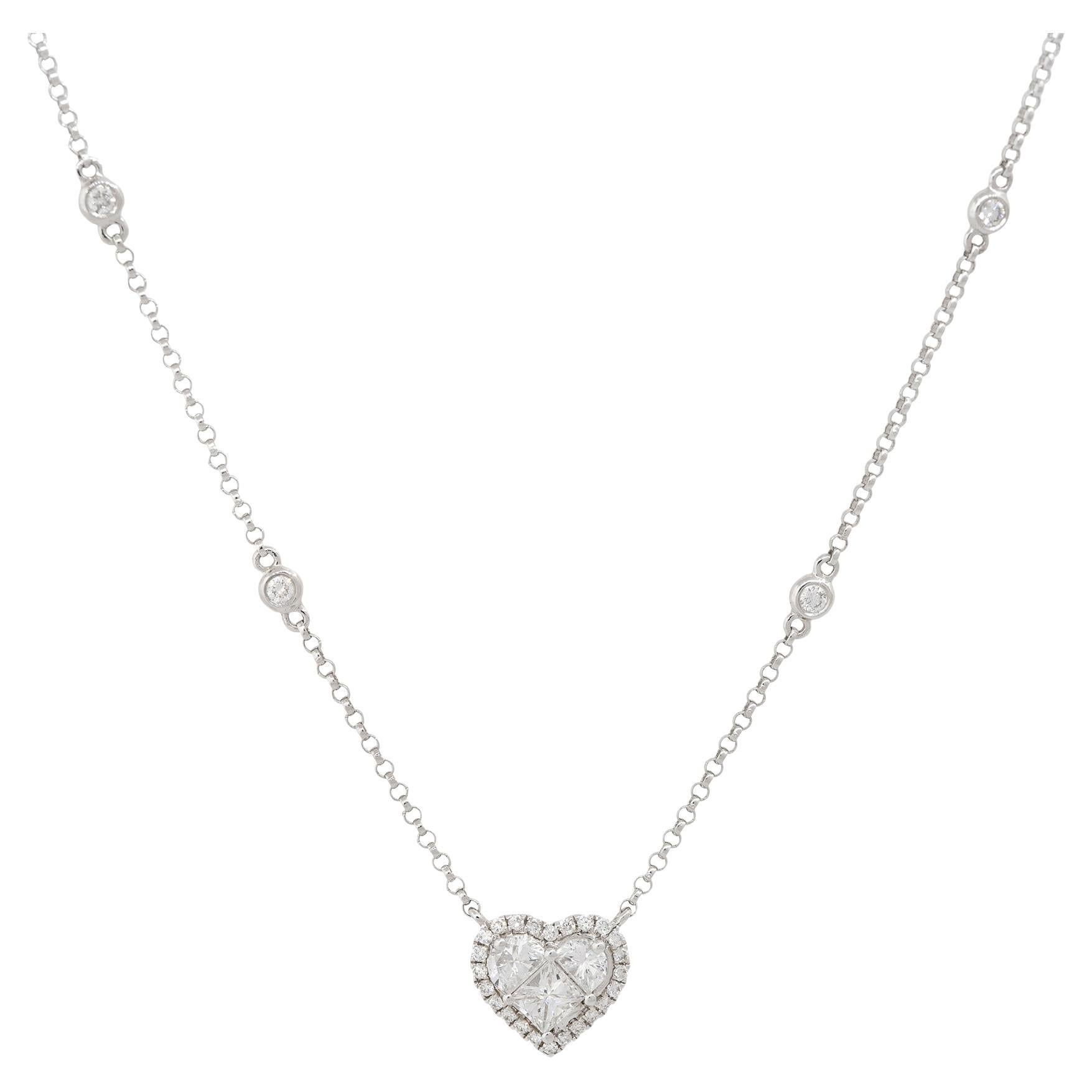 0.87 Carat Diamond Heart and Diamond Station Necklace 18 Karat In Stock For Sale