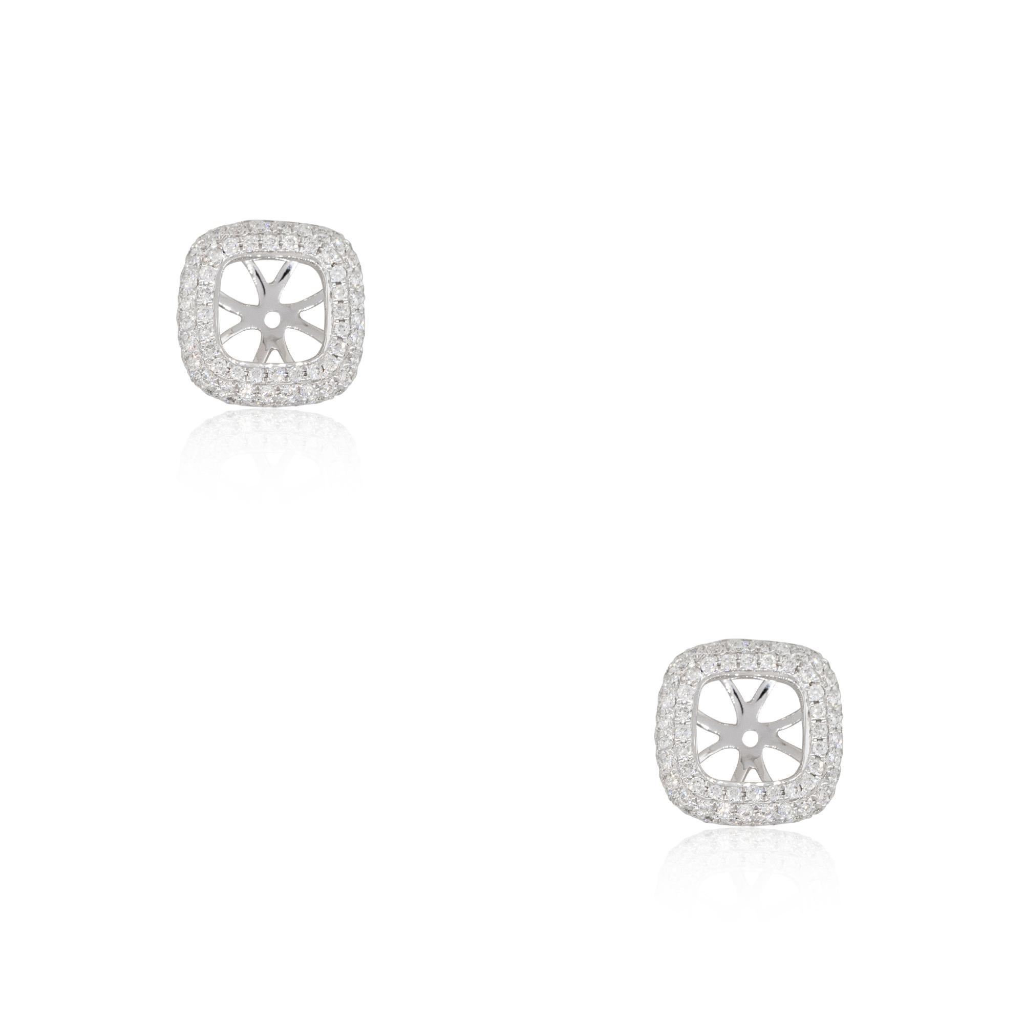 18k White Gold 0.87ctw Diamond Pave Stud Earring Jackets
Material: Stud Jackets- 18k White Gold
Diamond/Earring Jacket Details:	Approximately 0.87ctw of Pave Diamonds. There are 160 stones total
Dimensions: Jacket opening- 6.5mm x 6.5mm
-	Diamond