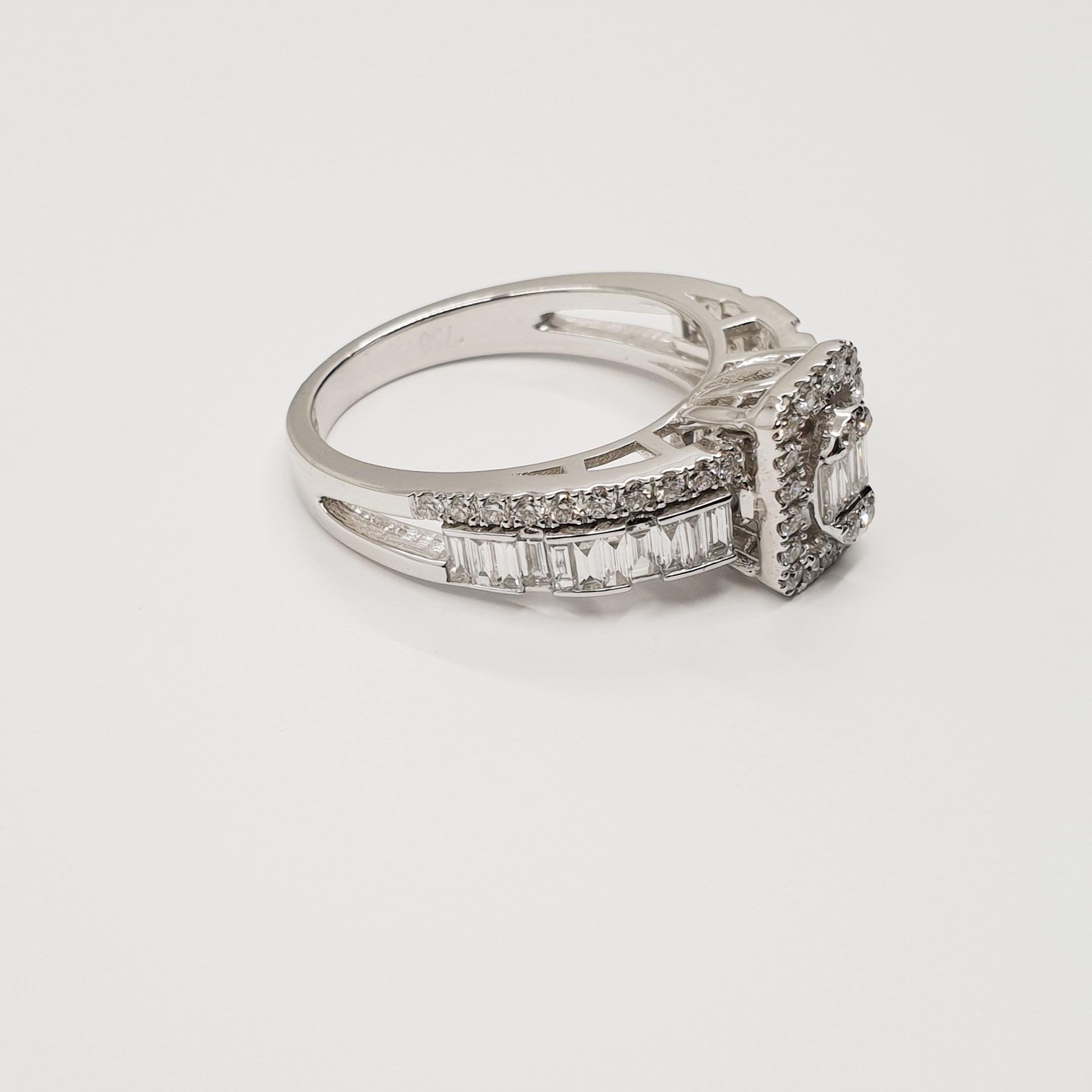 Women's 0.87 Carat Diamond Ring F-G/VS 18k Gold, Baguette and Brilliant Cut For Sale