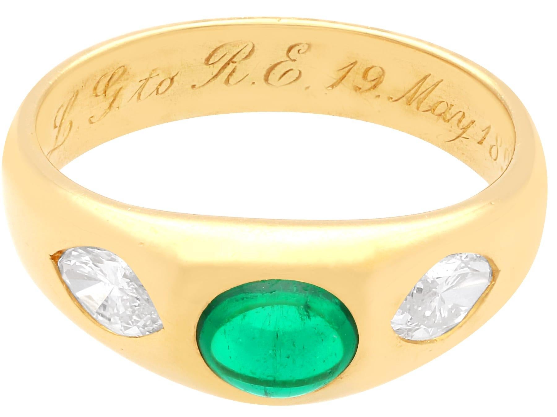 A stunning, fine and impressive antique 0.87 carat emerald and 0.70 carat diamond, 22 karat yellow gold ring; part of our antique emerald jewellery collection. 

This stunning, fine and impressive antique emerald ring has been crafted in 22k yellow
