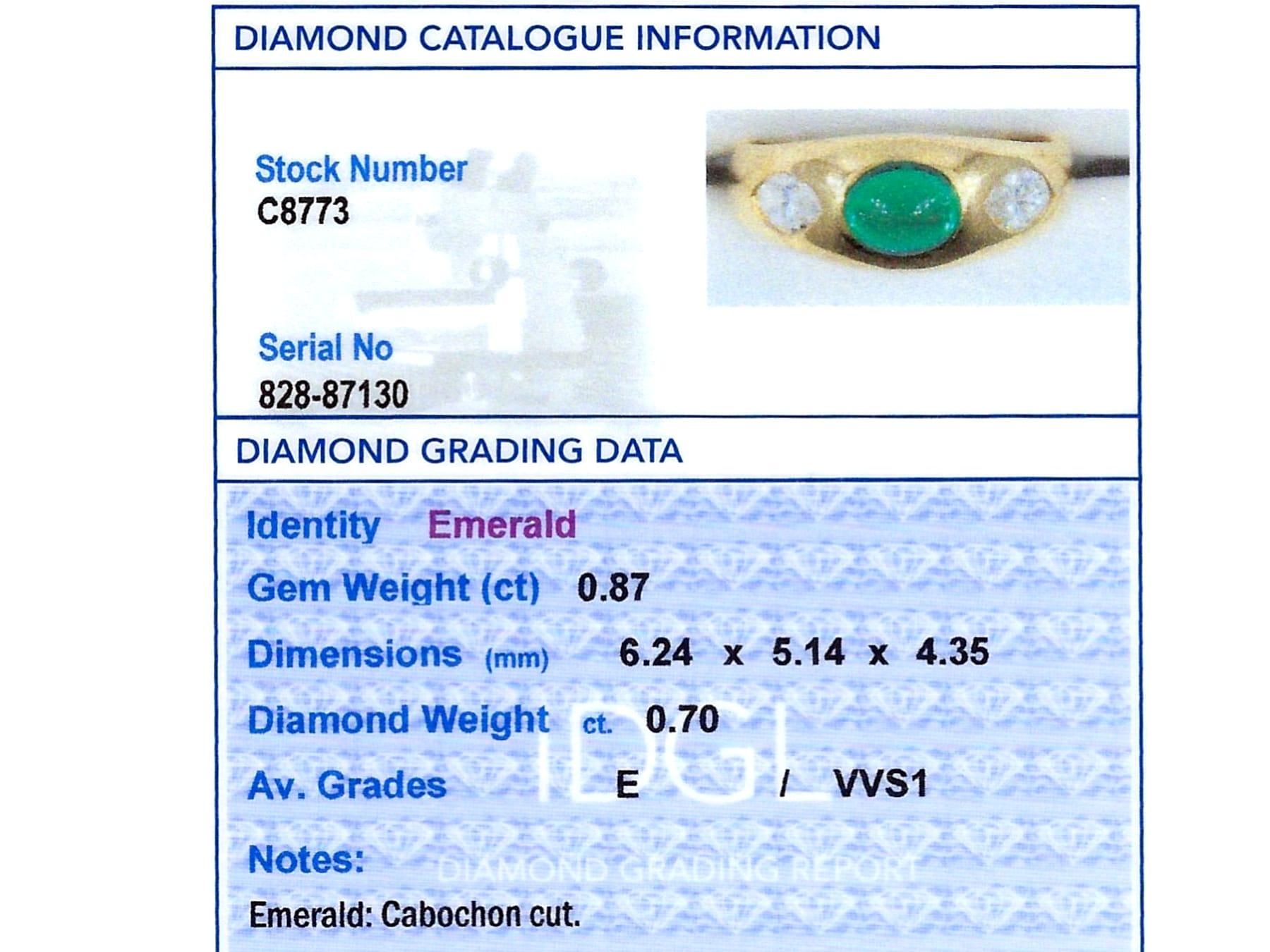 Victorian 0.87 Carat Emerald 0.70 Carat Diamond 22k Yellow Gold Ring For Sale 4