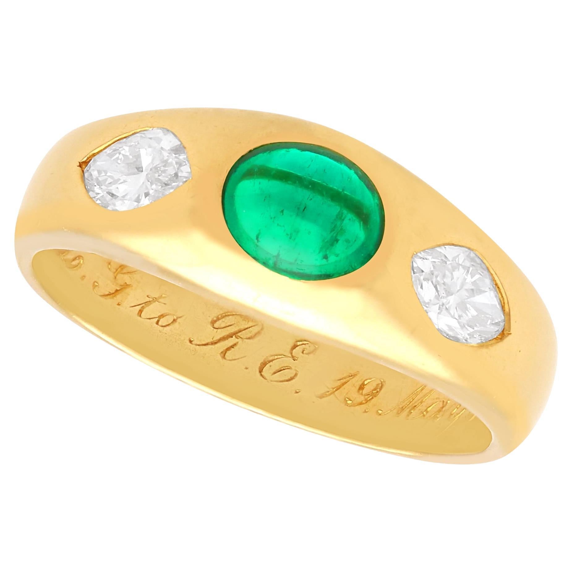 Victorian 0.87 Carat Emerald 0.70 Carat Diamond 22k Yellow Gold Ring For Sale