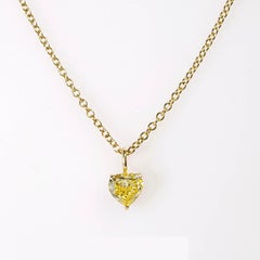 0.87 Carat Fancy Intense Yellow Diamond Heart-Shaped Necklace 18K Gold GIA Cert.