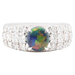 0.87 Carat Natural Black Opal and Diamond Ring Set in Platinum