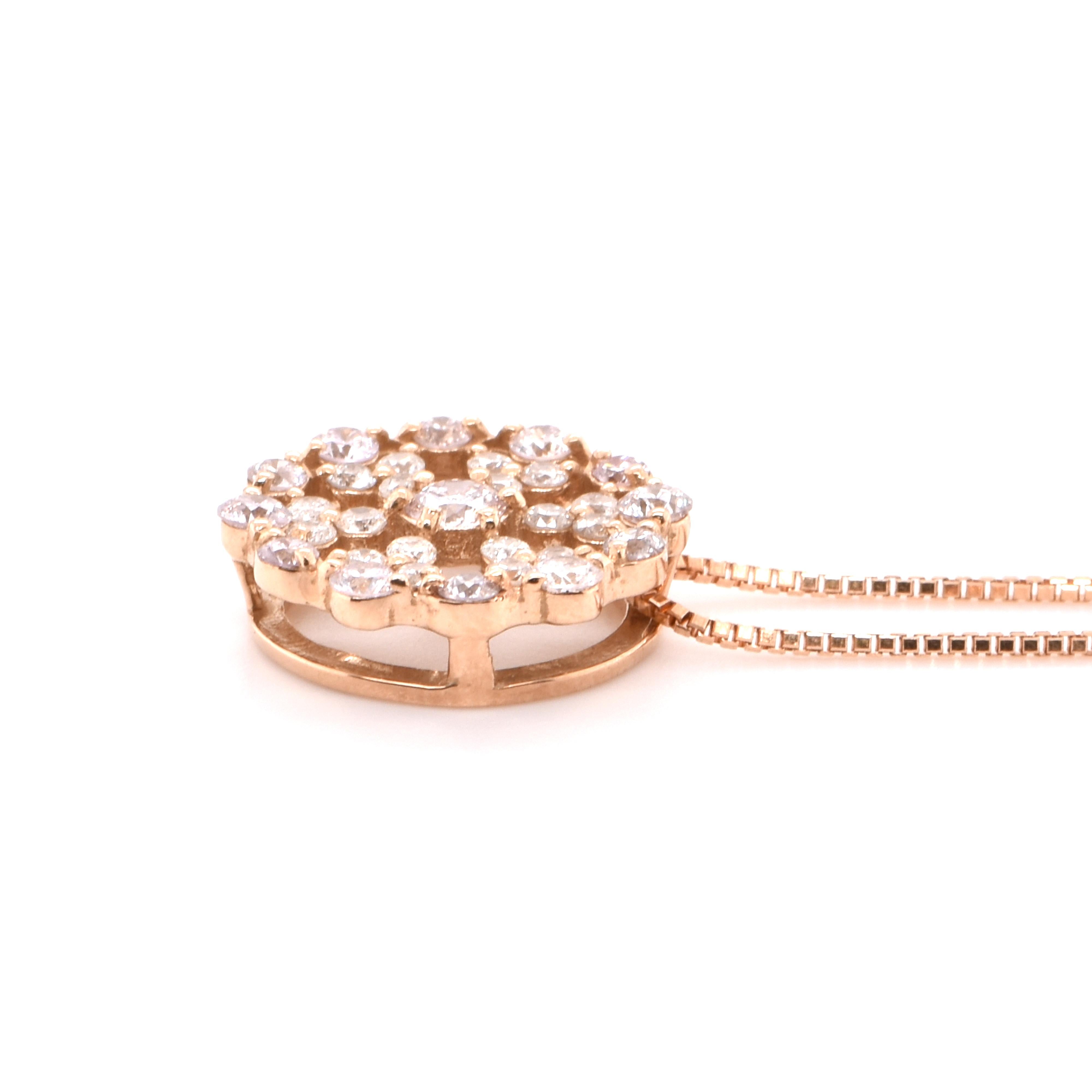 Round Cut 0.87 Carat Natural Diamond Chain Pendant Set in 18 Karat Rose Gold For Sale