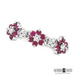 0.87 Carat Natural Diamond & Pink Sappire Flower Eternity Ring 14K White Gold