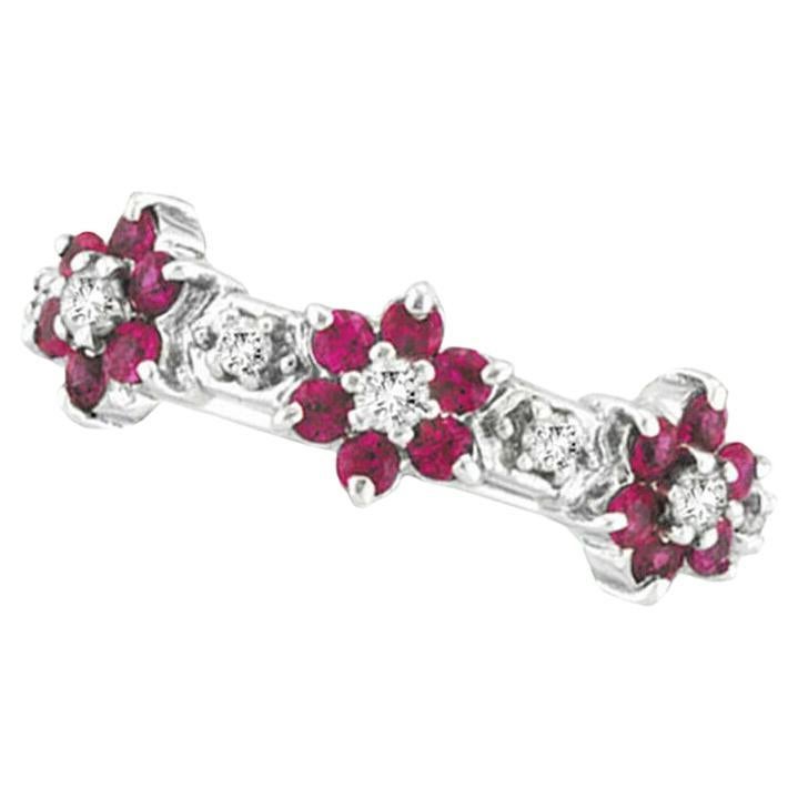 For Sale:  0.87 Carat Natural Diamond & Pink Sappire Flower Eternity Ring 14K White Gold