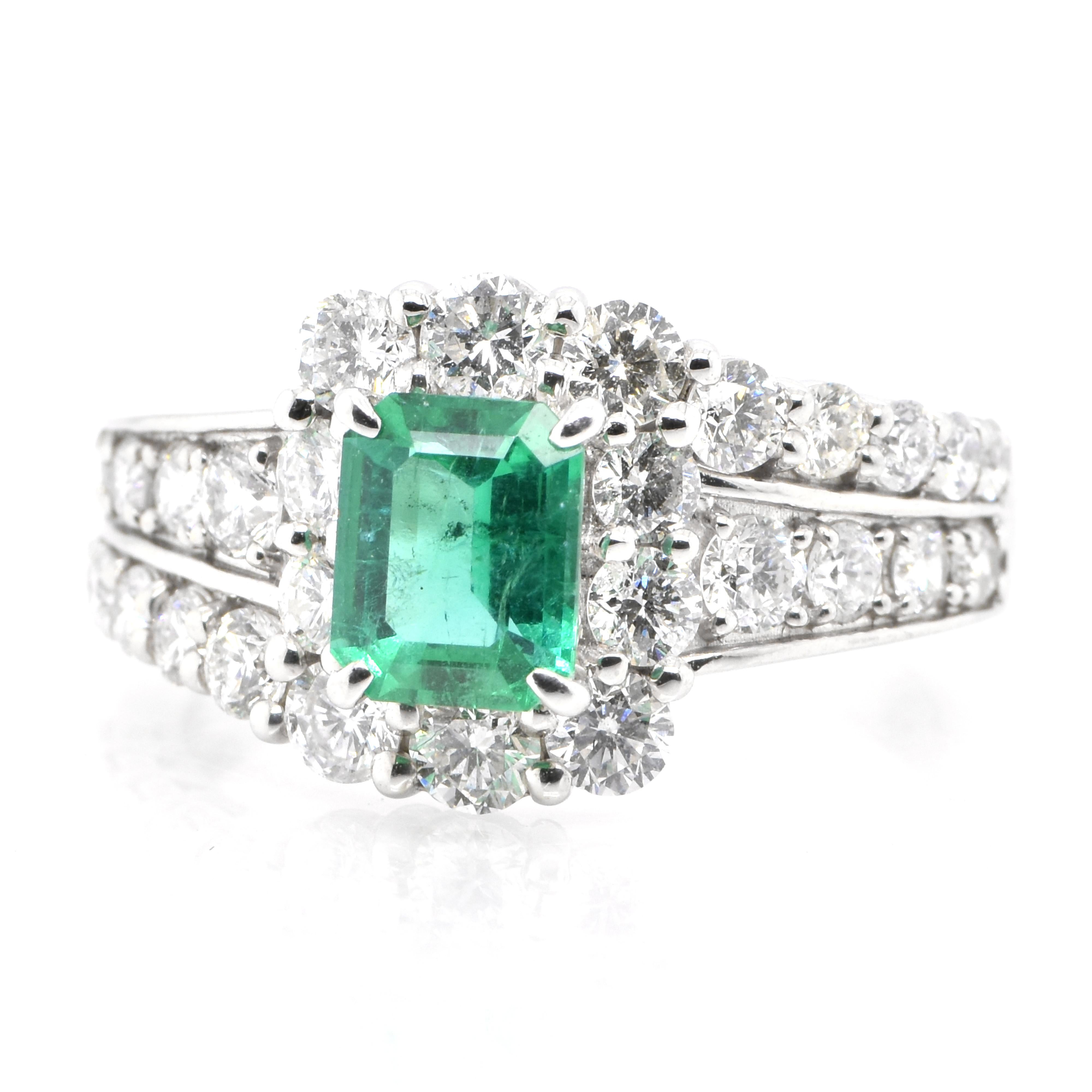 A stunning ring featuring a 0.87 Carat Natural Vivid Green, Emerald and 1.15 Carats of Diamond Accents set in Platinum. People have admired emerald’s green for thousands of years. Emeralds have always been associated with the lushest landscapes and