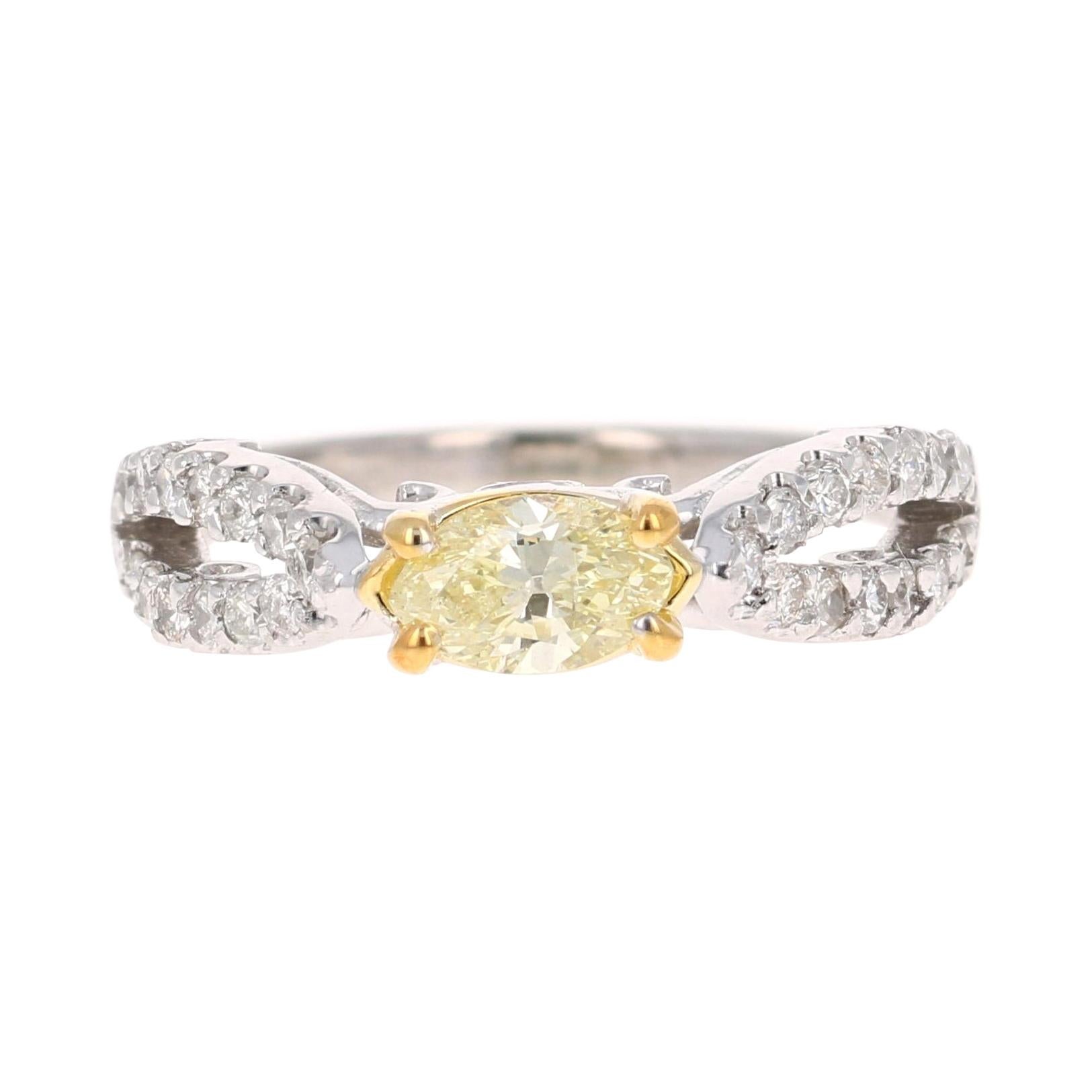 Bague de fiançailles en or blanc 14 carats avec diamant jaune fantaisie naturel de 0,87 carat
