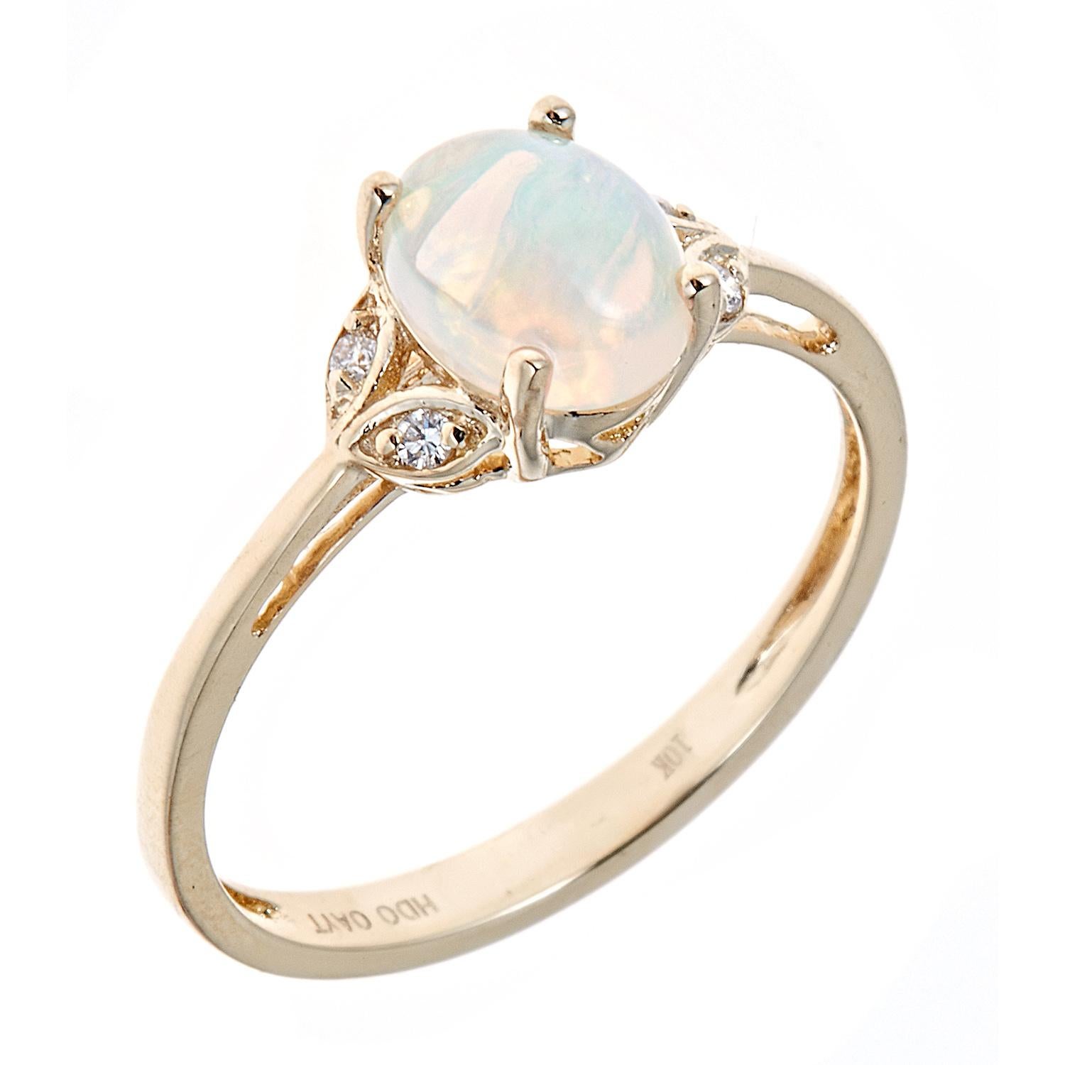 Decorate yourself in elegance with this Ring is crafted from 10-karat Yellow Gold by Gin & Grace Ring. This Ring is made up of 8x6 mm Oval-Cab Ethiopian Opal (1Pcs) 0.87 Carat and Round-cut White Diamond (4 Pcs) 0.03 Carat. This Ring is weight 1.38