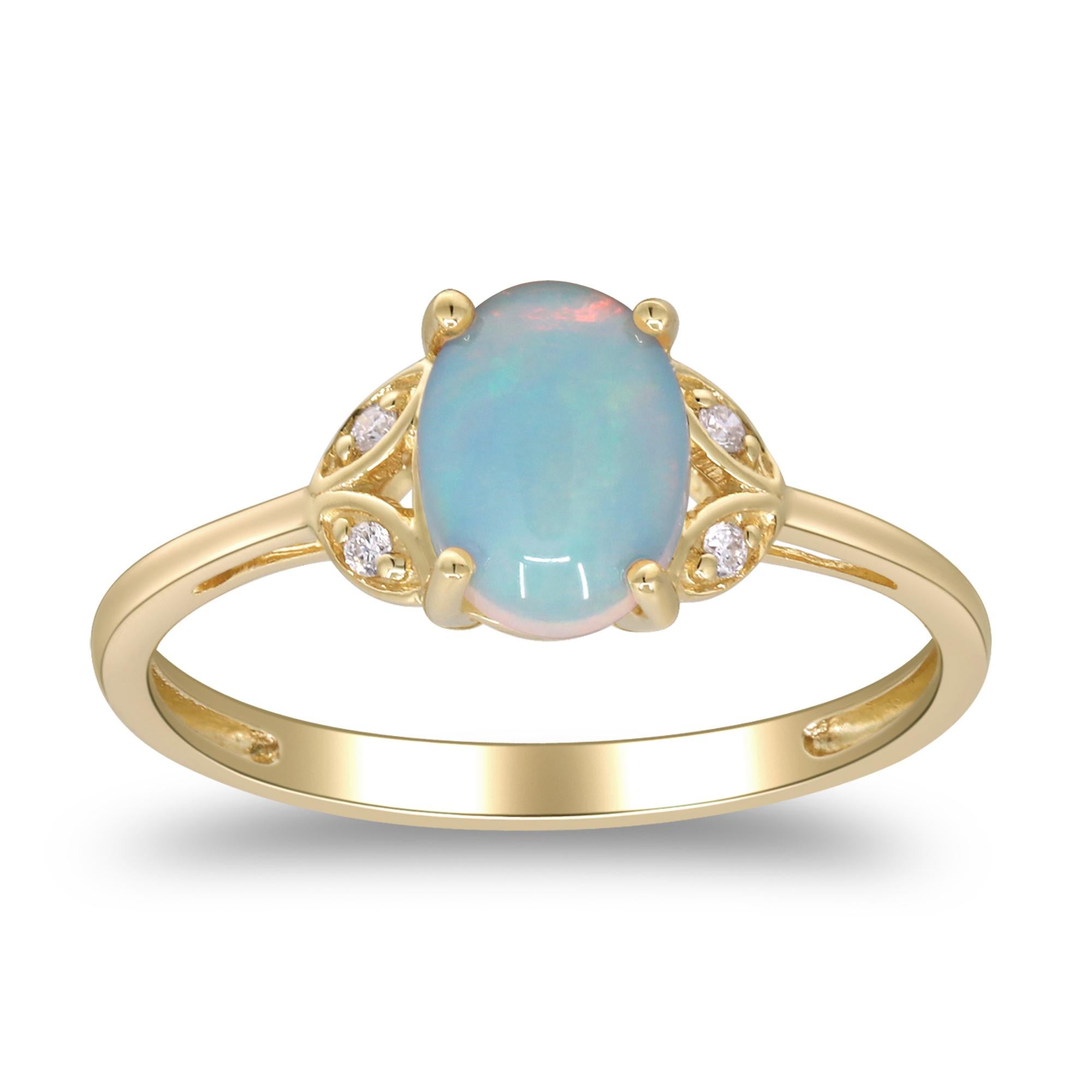 Decorate yourself in elegance with this Ring is crafted from 10-karat Yellow Gold by Gin & Grace Ring. This Ring is made up of 8x6 mm Oval-Cab Ethiopian Opal (1Pcs) 0.85 Carat and Round-cut White Diamond (4 Pcs) 0.03 Carat. This Ring is weight 1.38
