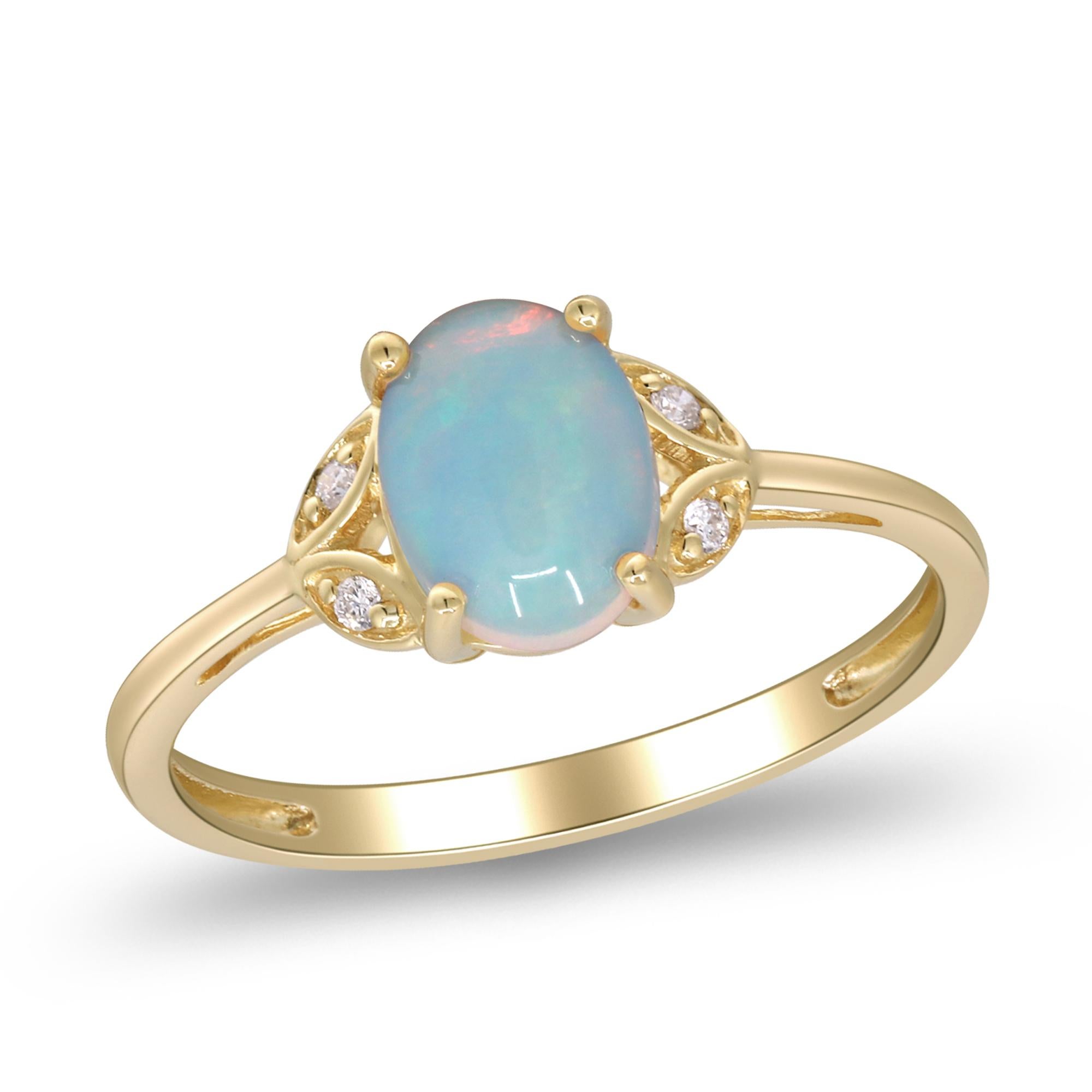 Art Deco 0.87 Carat Oval-Cab Ethiopian Opal Diamond Accents 10K Yellow Gold Ring For Sale