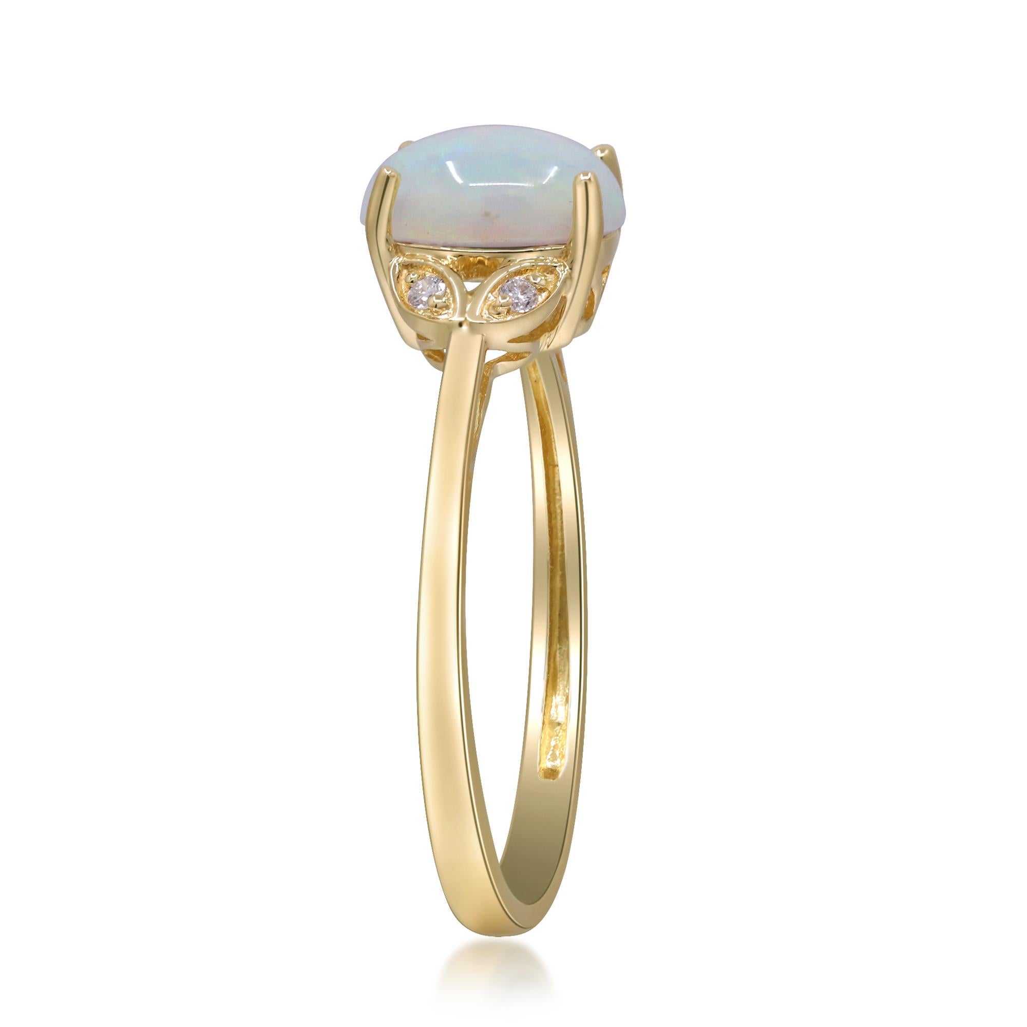 Oval Cut 0.87 Carat Oval-Cab Ethiopian Opal Diamond Accents 10K Yellow Gold Ring For Sale