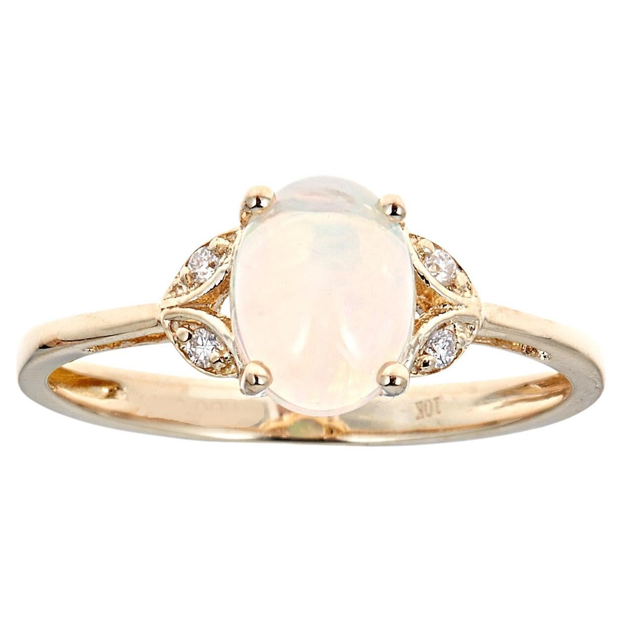 0.87 Carat Oval-Cab Ethiopian Opal Diamond Accents 10K Yellow Gold Ring For Sale