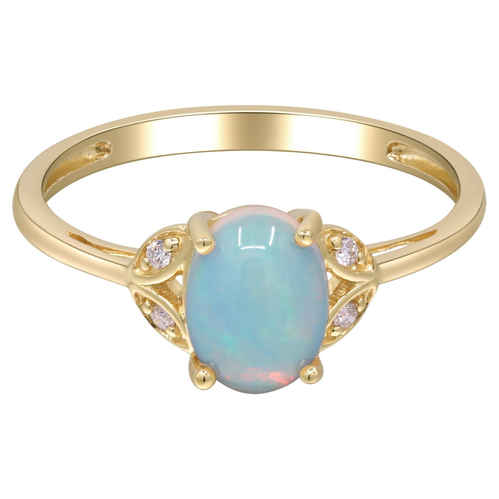0.87 Carat Oval-Cab Ethiopian Opal Diamond Accents 10K Yellow Gold Ring