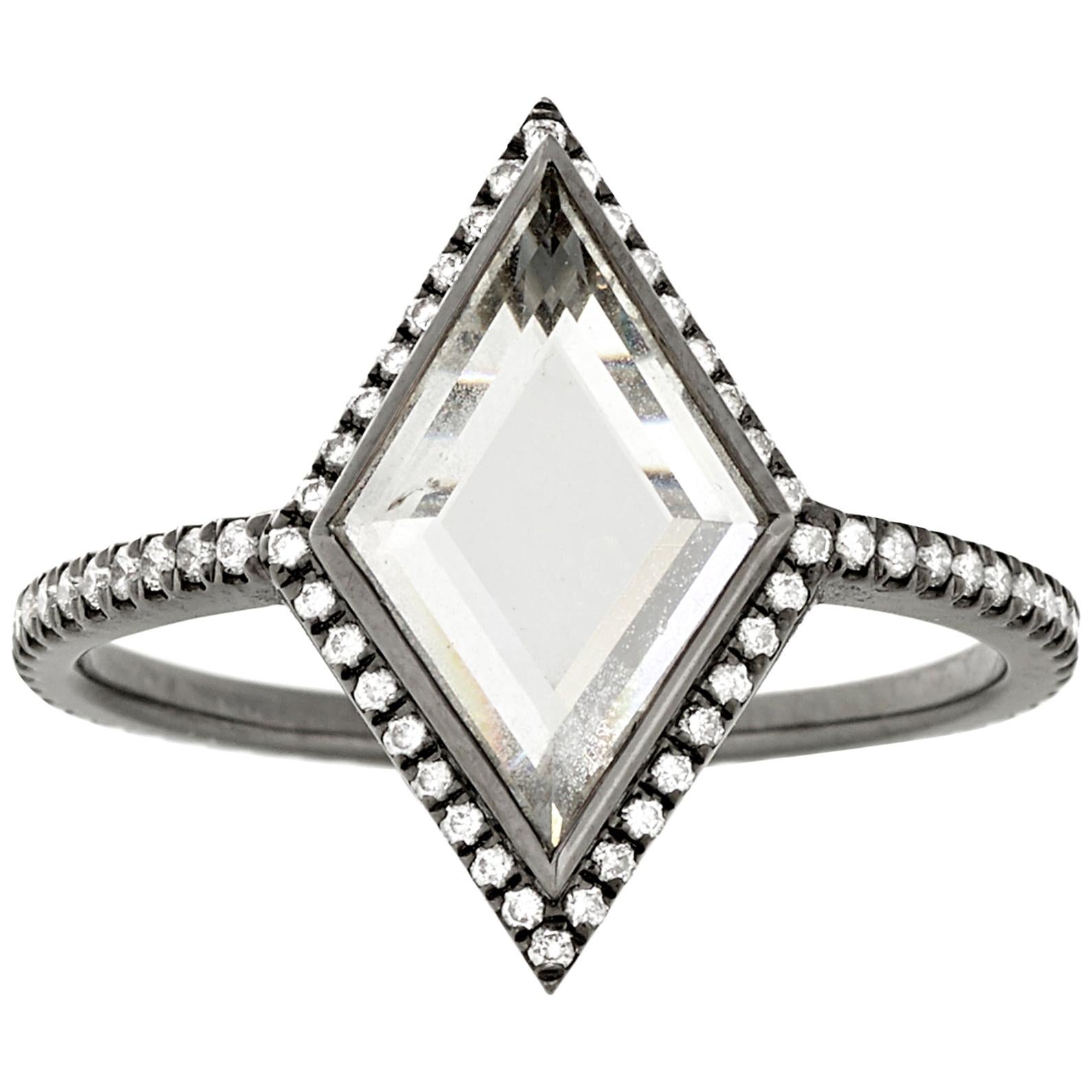 Eva Fehren 0.87 Carat Portrait Cut Diamond Ring in 18 Karat Blackened White Gold For Sale
