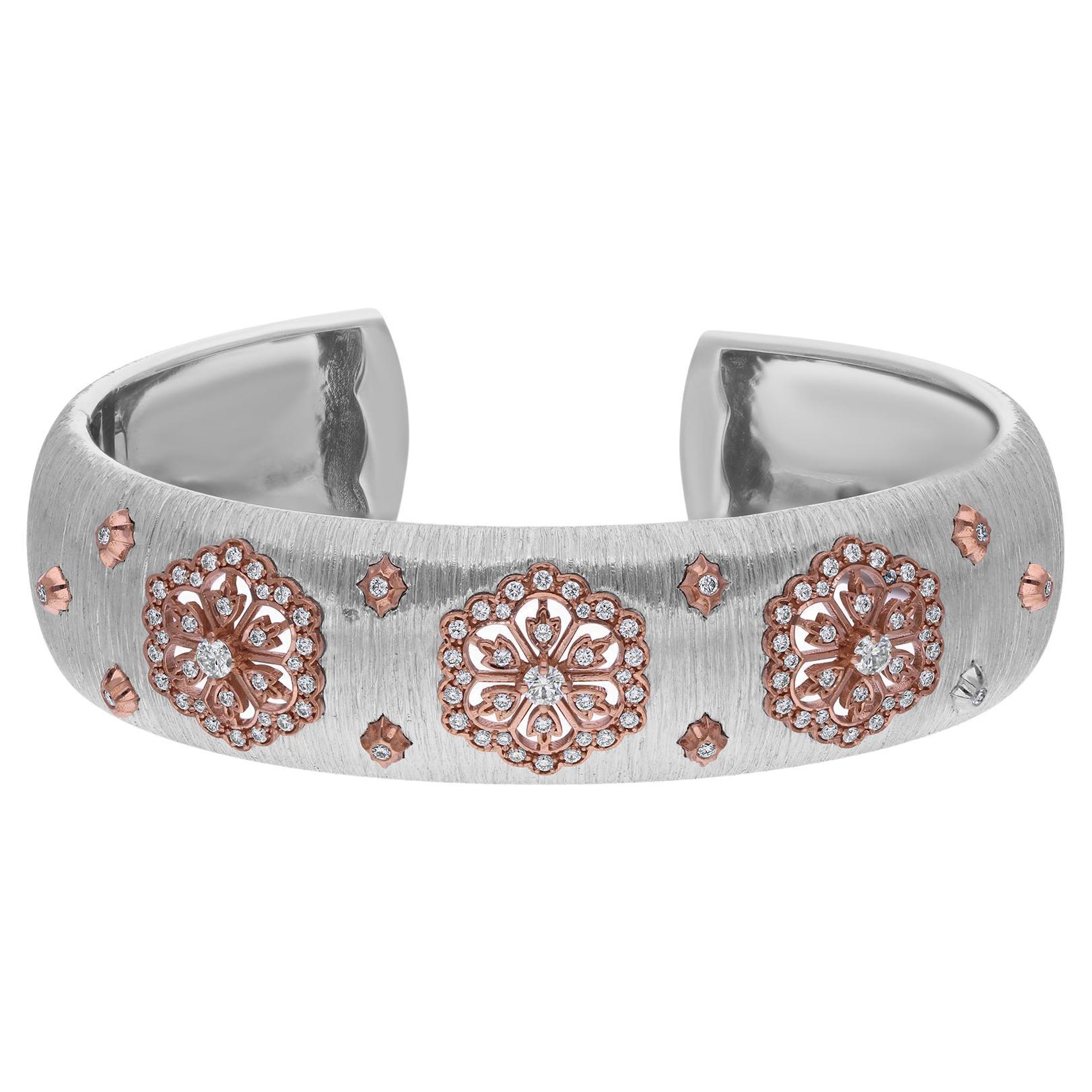 0.87 Carat SI/H Diamond Flower Cuff Bangle Bracelet 18 Karat White Rose Gold