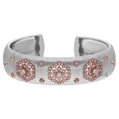 0.87 Carat SI/H Diamond Flower Cuff Bangle Bracelet 18 Karat White Rose Gold
