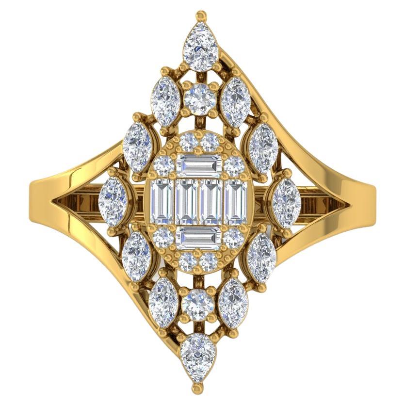 0.87 Carat SI/HI Baguette Marquise Round Diamond Ring 18 Kt Yellow Gold Jewelry