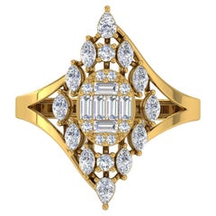 0.87 Carat SI/HI Baguette Marquise Round Diamond Ring 18 Kt Yellow Gold Jewelry