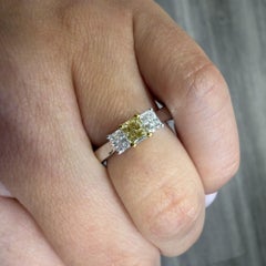0.87 Carat Yellow and White Diamond Princess Cut 18K 3 Stone Ring