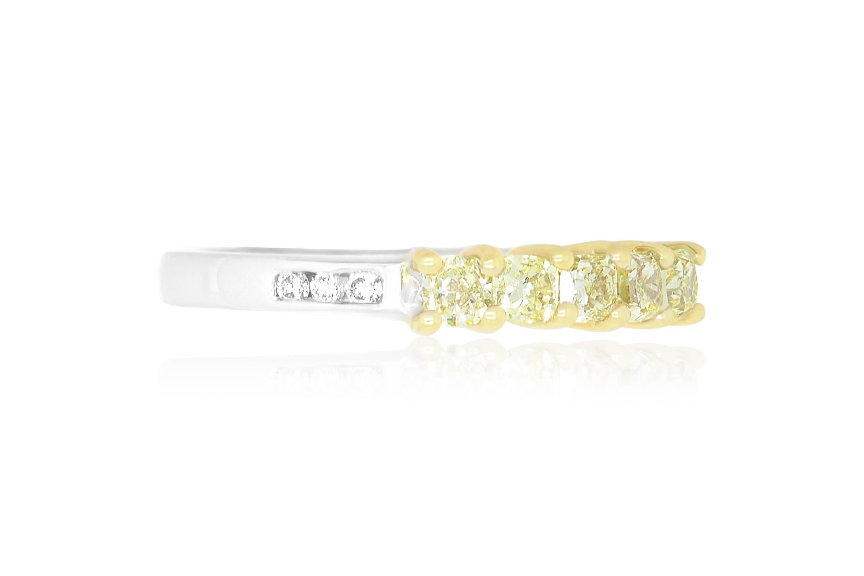 Material: 14K White Gold 
Main Stone Details: 5 Cushion Cut Yellow Diamond at 0.87 Carats 
Stone Details: 6 Round Shaped White Diamonds at 0.11 Carats -  Clarity: SI  / Color: H-I
Ring Size: Size 9. Alberto offers complimentary sizing on all