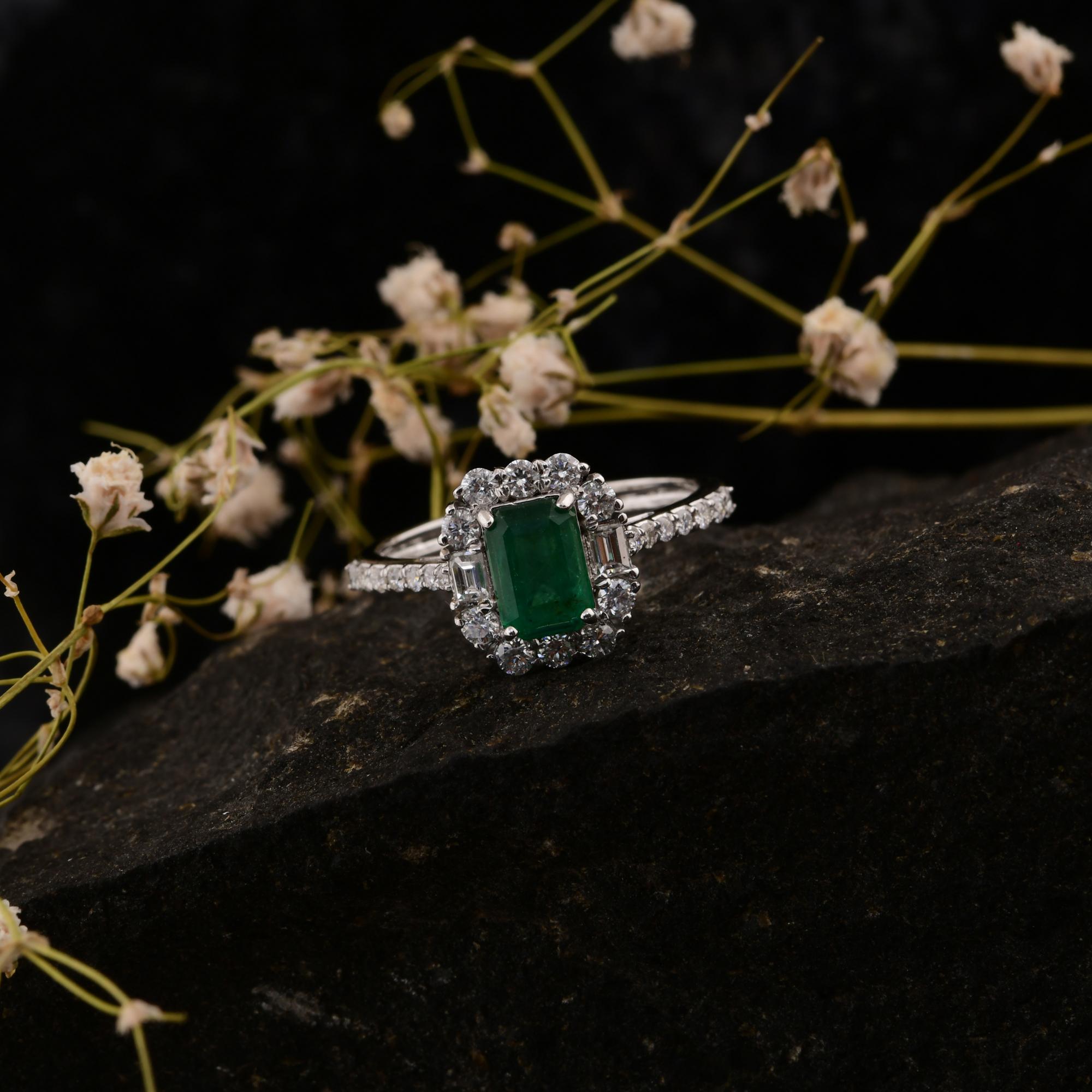 Octagon Cut 0.87 Ct. Zambian Emerald Cocktail Ring 0.58 Ct. SI/H Diamond 14 Karat White Gold For Sale