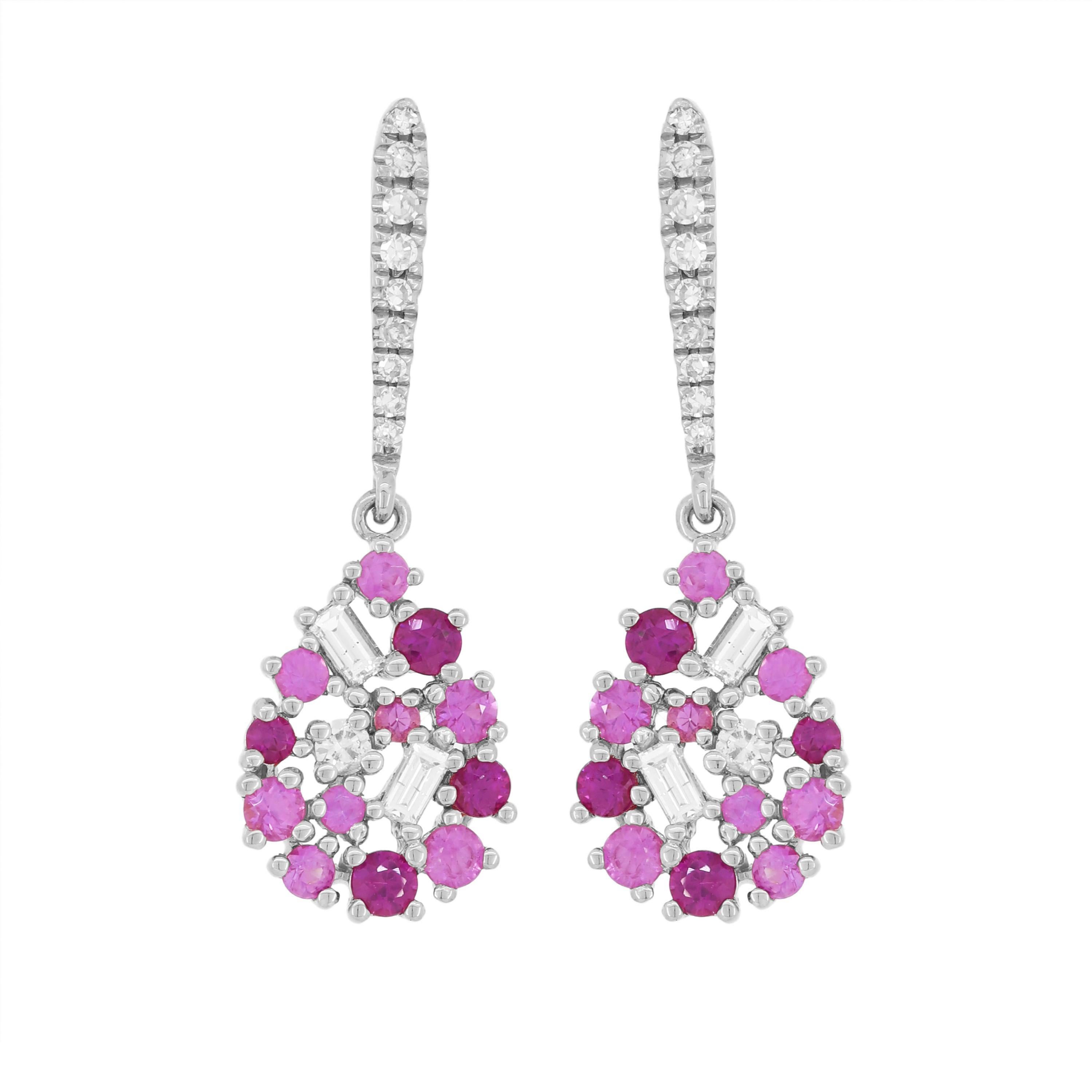 Round Cut 18K White Gold 0.90 Cttw. Natural Diamond/Pink Sapphire Floral Teardrop Earrings For Sale