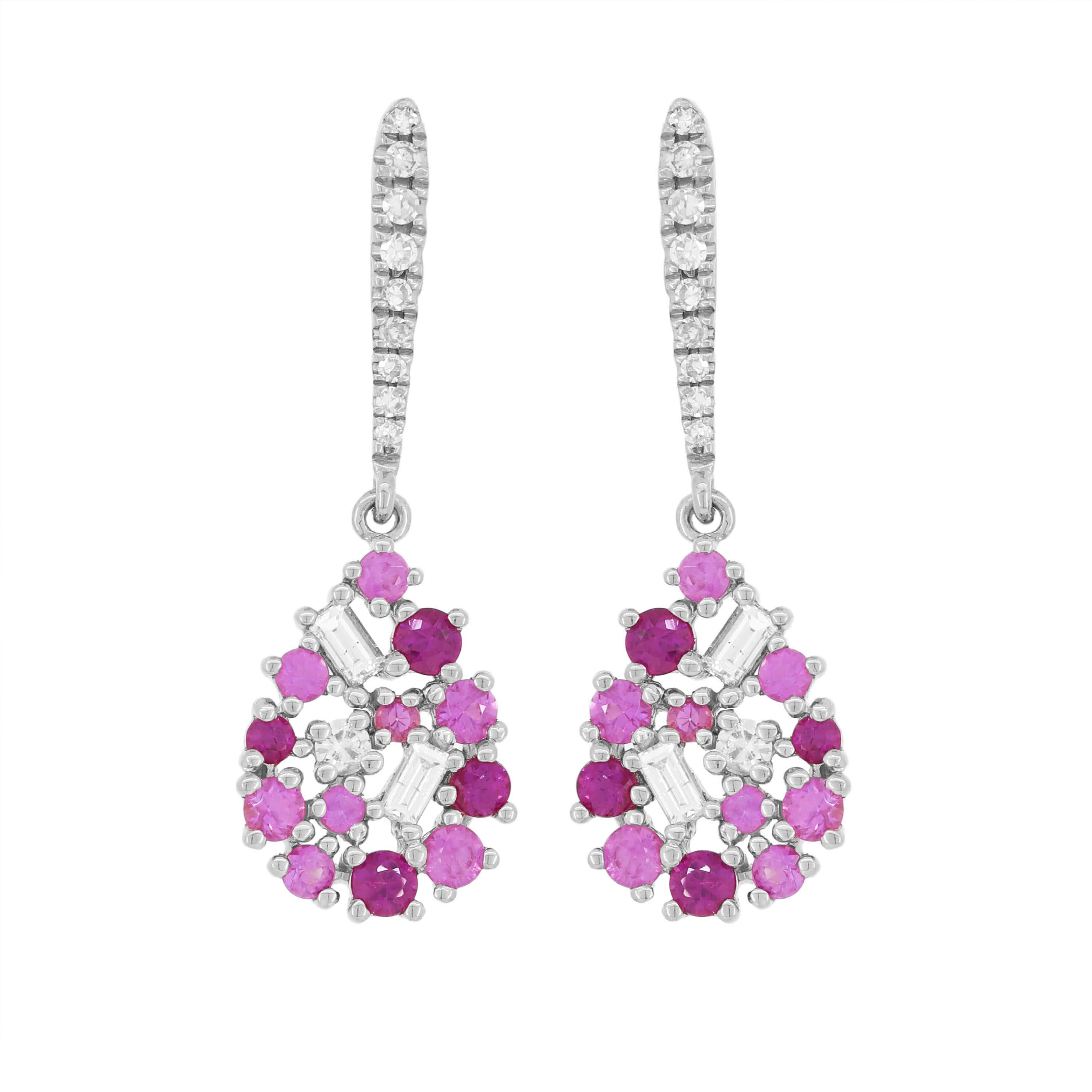 18K White Gold 0.90 Cttw. Natural Diamond/Pink Sapphire Floral Teardrop Earrings For Sale