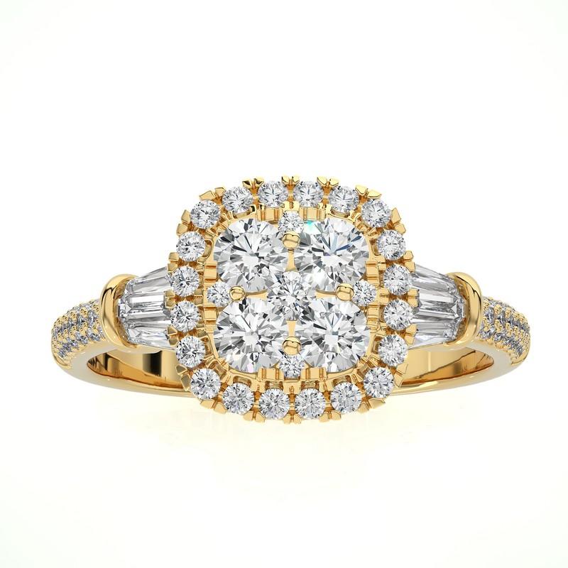 Modern 0.87 ctw Diamond Moonlight Cushion Cluster Ring in 14K Yellow Gold For Sale