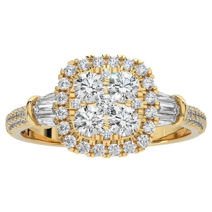 0.87 ctw Diamond Moonlight Cushion Cluster Ring in 14K Yellow Gold For Sale