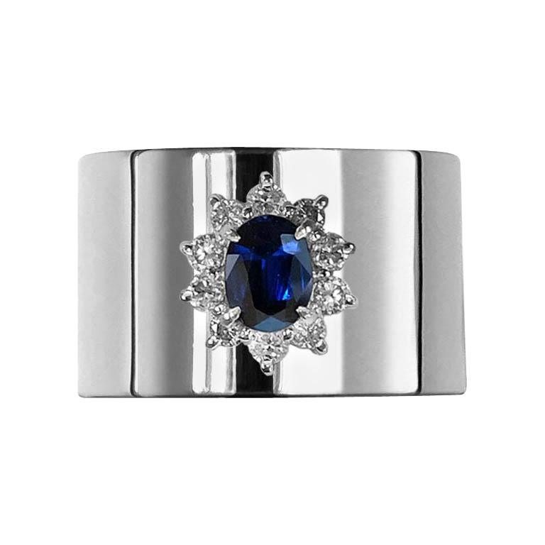 0.870 Carat Sapphire 0.350 Carat Diamond Platinum Wide Band Ring For Sale