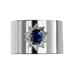 0.870 Carat Sapphire 0.350 Carat Diamond Platinum Wide Band Ring