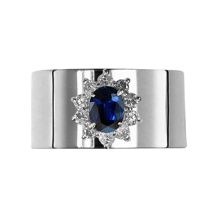 0.870 Carat Sapphire 0.350 Carat Diamond Platinum Wide Band Ring For Sale