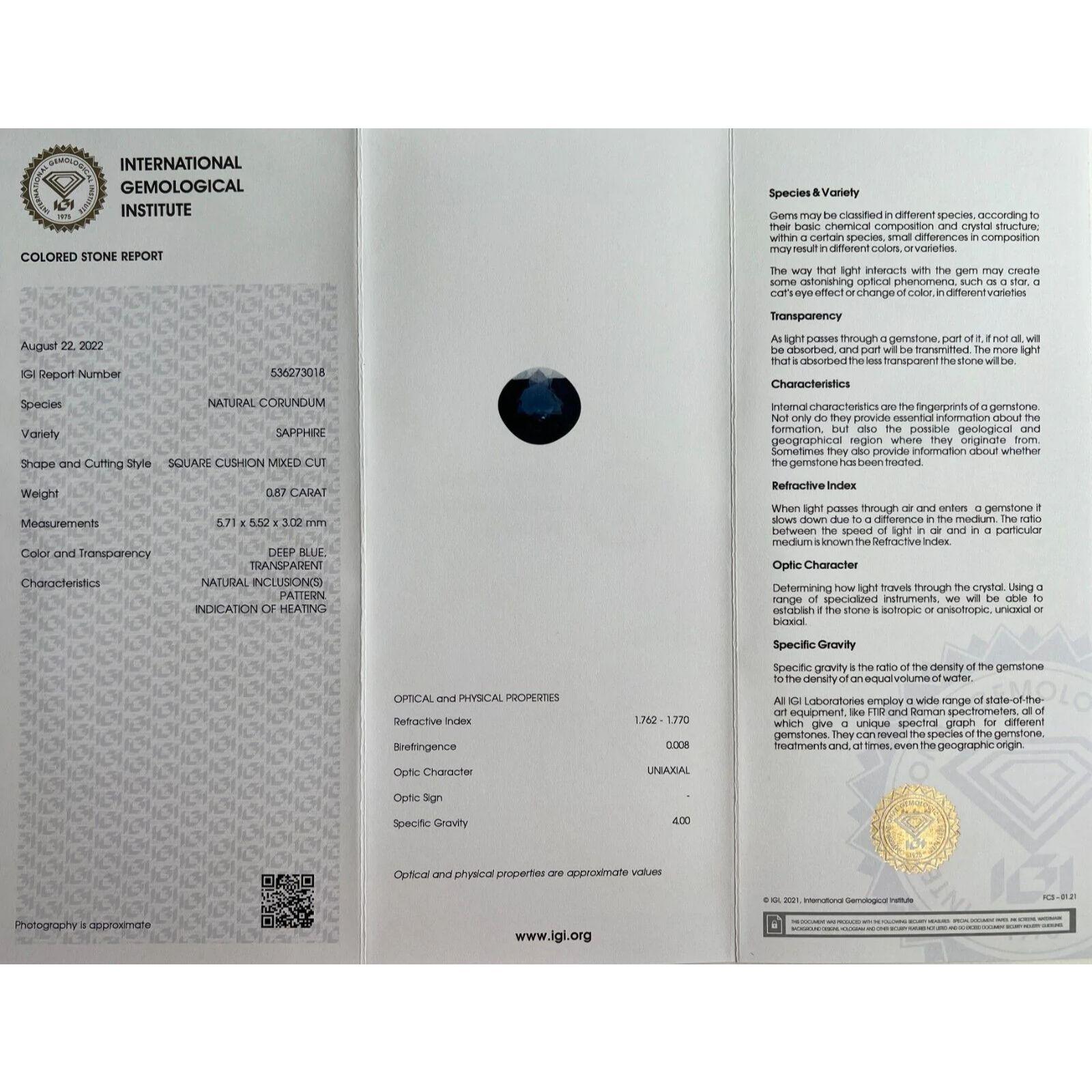 0.87ct Deep Blue Sapphire Square Cushion Cut IGI Certified Rare Loose Gemstone For Sale 1