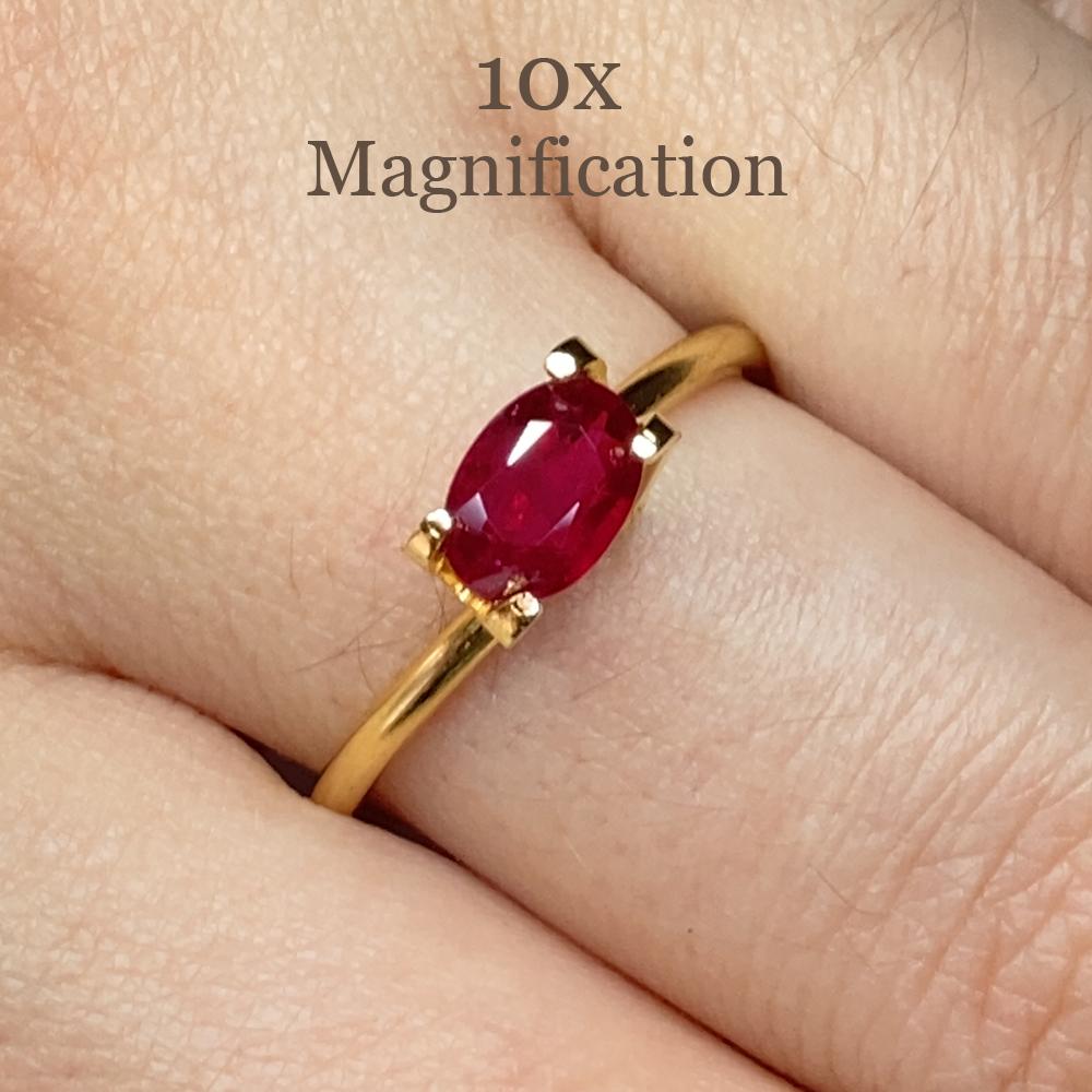 Description:

Gem Type: Ruby
Number of Stones: 1
Weight: 0.87 cts
Measurements: 6.84 x 4.71 x 2.66 mm
Shape: Oval
Cutting Style Crown: Brilliant Cut
Cutting Style Pavilion: Step Cut
Transparency: Transparent
Clarity: Moderately Included: Inclusions