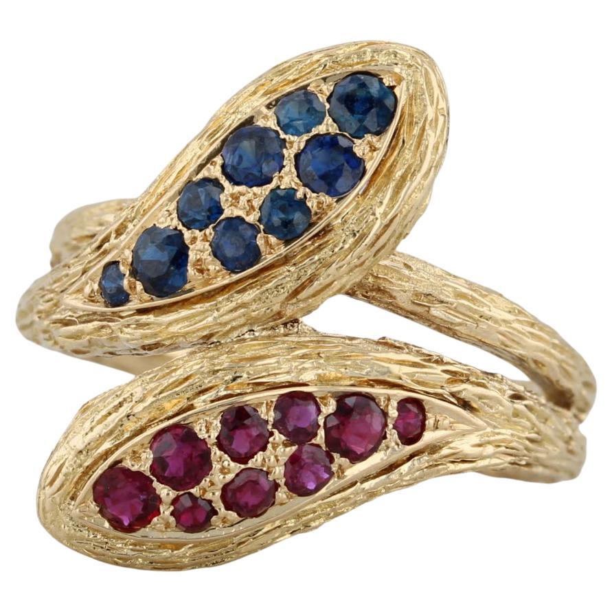 0,87ctw Blauer Saphir Roter Rubin Gewundene Schlange Bypass Ring 18k Gelbgold Italien