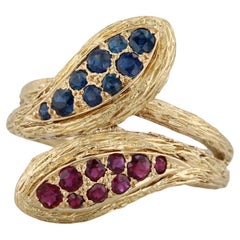 0.87ctw Blue Sapphire Red Ruby Coiled Snake Bypass Ring 18k Yellow Gold Italy