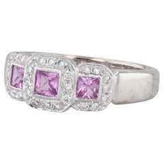 0.87ctw Pink Sapphire Diamond Halo 3-Stone Ring 14k White Gold Size 6.5