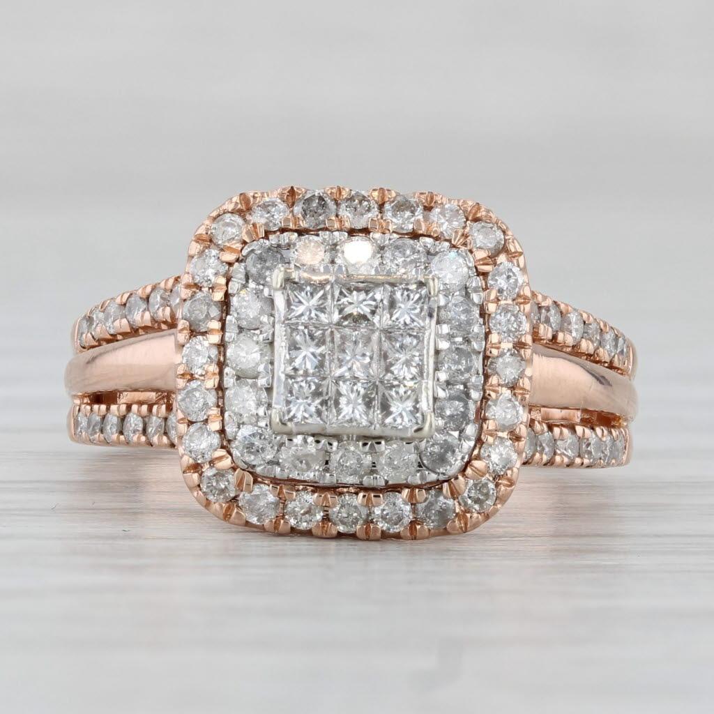 0.87ctw Prinzessin Diamant Halo Verlobungsring 10k Rose Gold Größe 7 im Zustand „Gut“ in McLeansville, NC