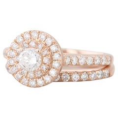0.87ctw Diamante Redondo Halo Anillo de Compromiso Alianza de Boda Conjunto Nupcial Oro Rosa 14k
